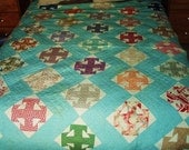 Antique Vintage Full Sized Patchwork Quilt in Teal, Cream and a Variety of Prints