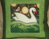 Quilted Pillow Cover -- Folk Art White Swan with Green Borders