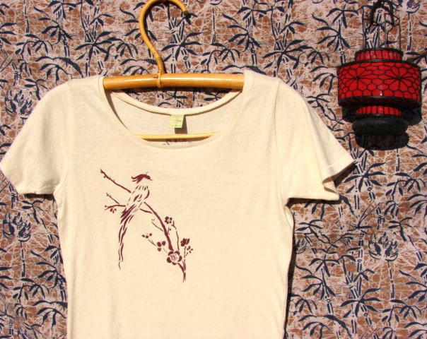 Asian Bird and Spring Blossoms Organic Cotton Tee