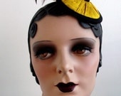 Yellow Gold & Black Silk Fascinator Hat veil feather