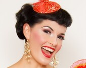 Red & Gold brocade Fascinator Hat with feathers rhinestones burlesque