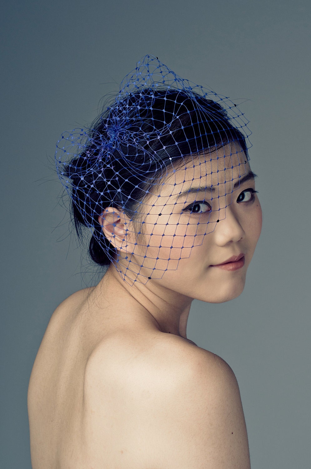 Indigo Blue Birdcage Veil Blusher -rhinestone dotted-