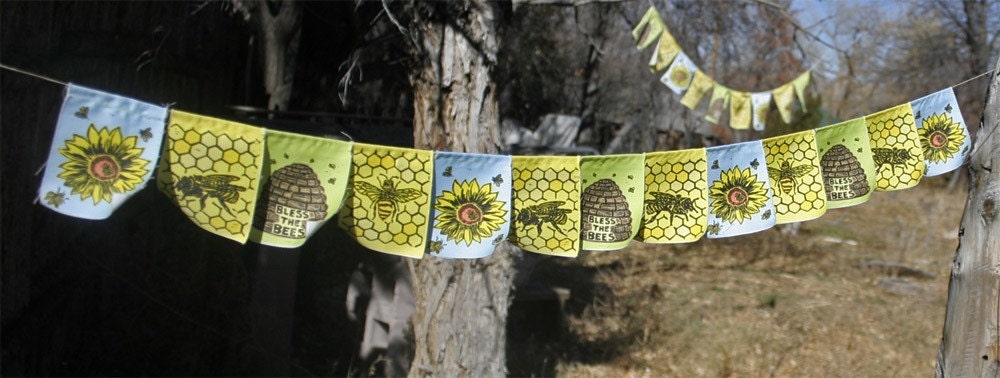 Bless the Bees - 13 small prayer flags - honey bee blessings