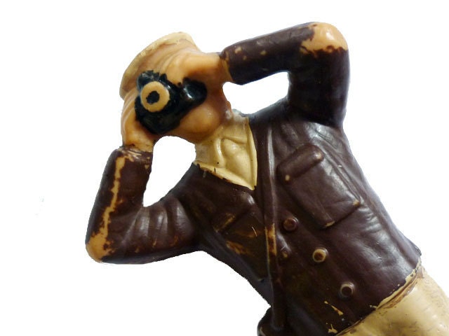 1940s Vintage Molded Hard Rubber Brooch Pin of Photographer with Old-Fashioned Camera and Leather Camera Case Slung Across Body