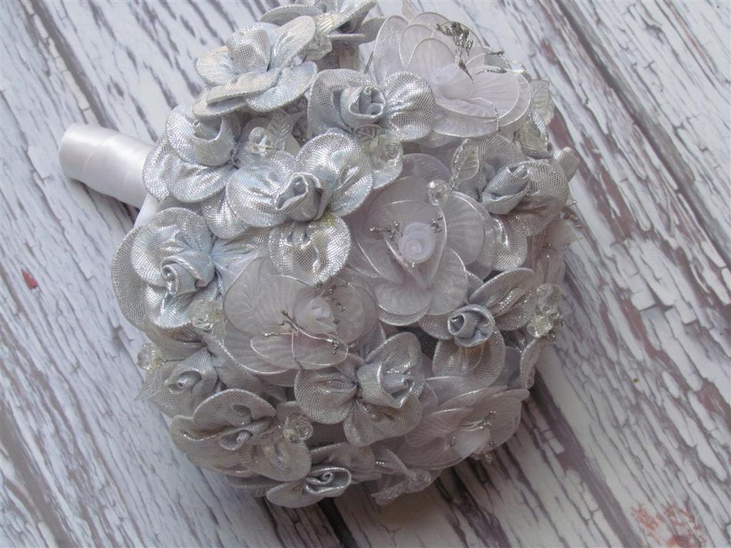 Designer Wedding Bouquet - Bridal Arrangement in Silver and White - One of a Kind
