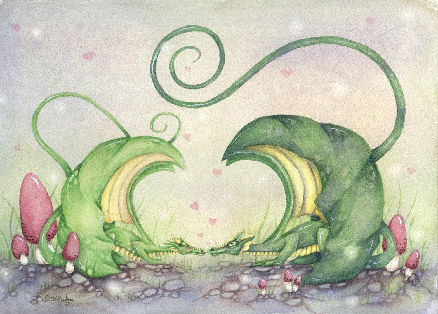 Fantasy Art Original Watercolor Painting - 9x12 - Dragon Love - whimsical, mythological, sweet, romance, wings, valentine's day
