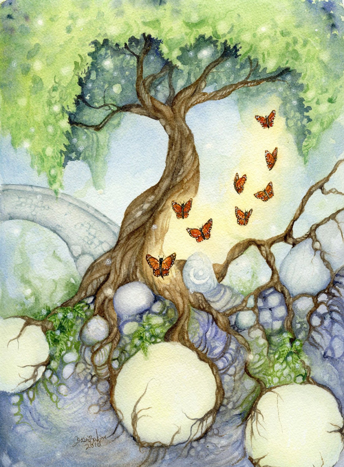 Fantasy Fine Art Print - 5x7 - The Butterfly Tree - whimsical, secret garden, nature, green, paradise