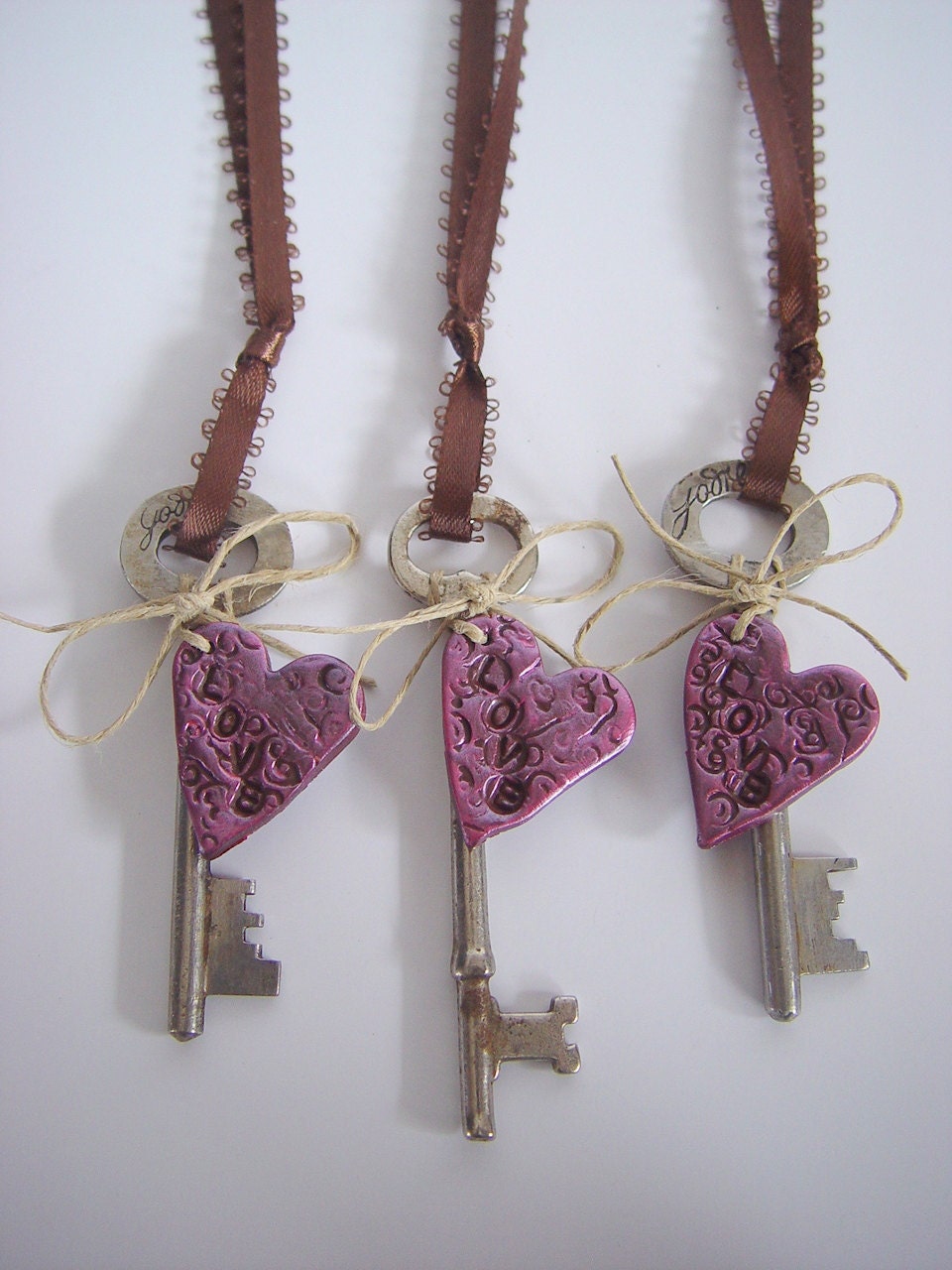 Vintage Skeleton Key Ornaments with Handmade Clay Love Hearts (Set of 3) Vintage Love, Vintage Style Stamped Clay Hearts