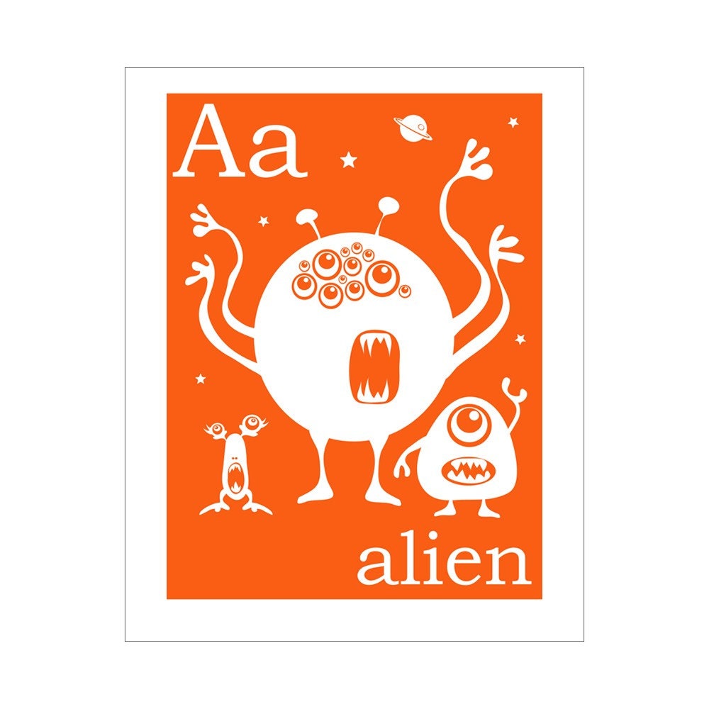 Children's Wall Art / Nursery Decor A is for Alien 8x10 inch alphabet print by Finny and Zook