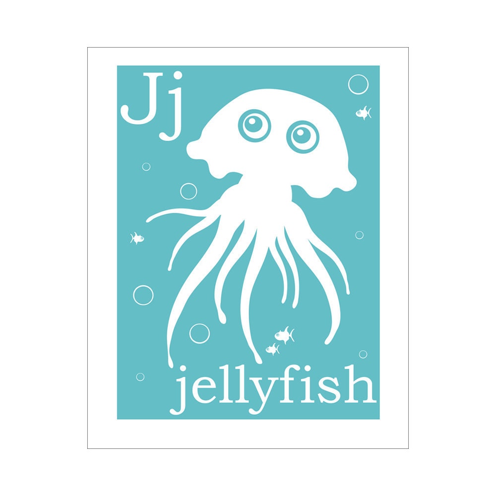 Children's Wall Art / Nursery Decor J is for Jellyfish 8x10 inch alphabet poster print by Finny and Zook