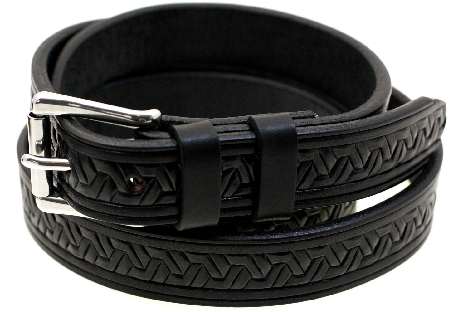 Made In America 30mm Black Bridle Leather Belt Embossed With Double Loops And Stainless Steel Buckle