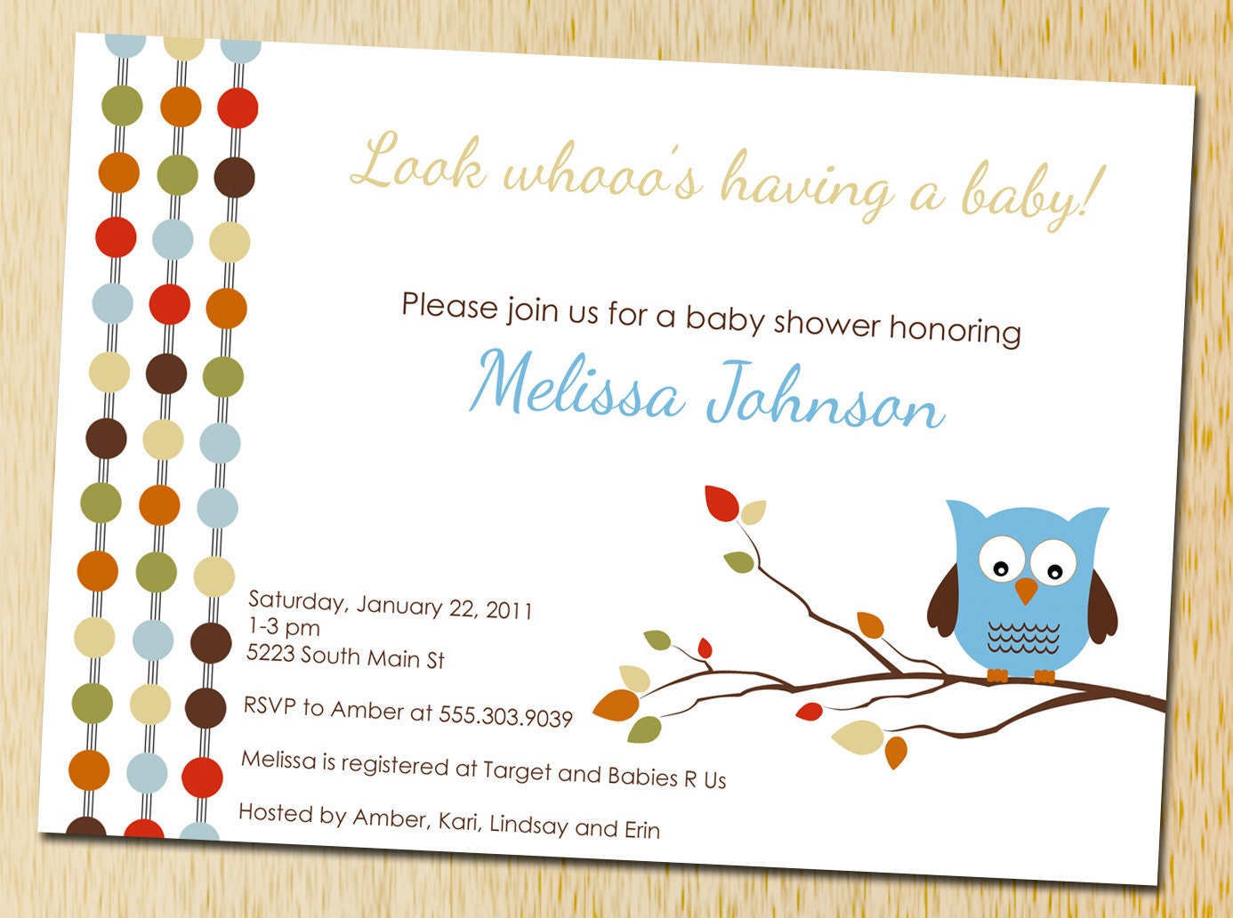 Owl baby shower invitation - Fall dots