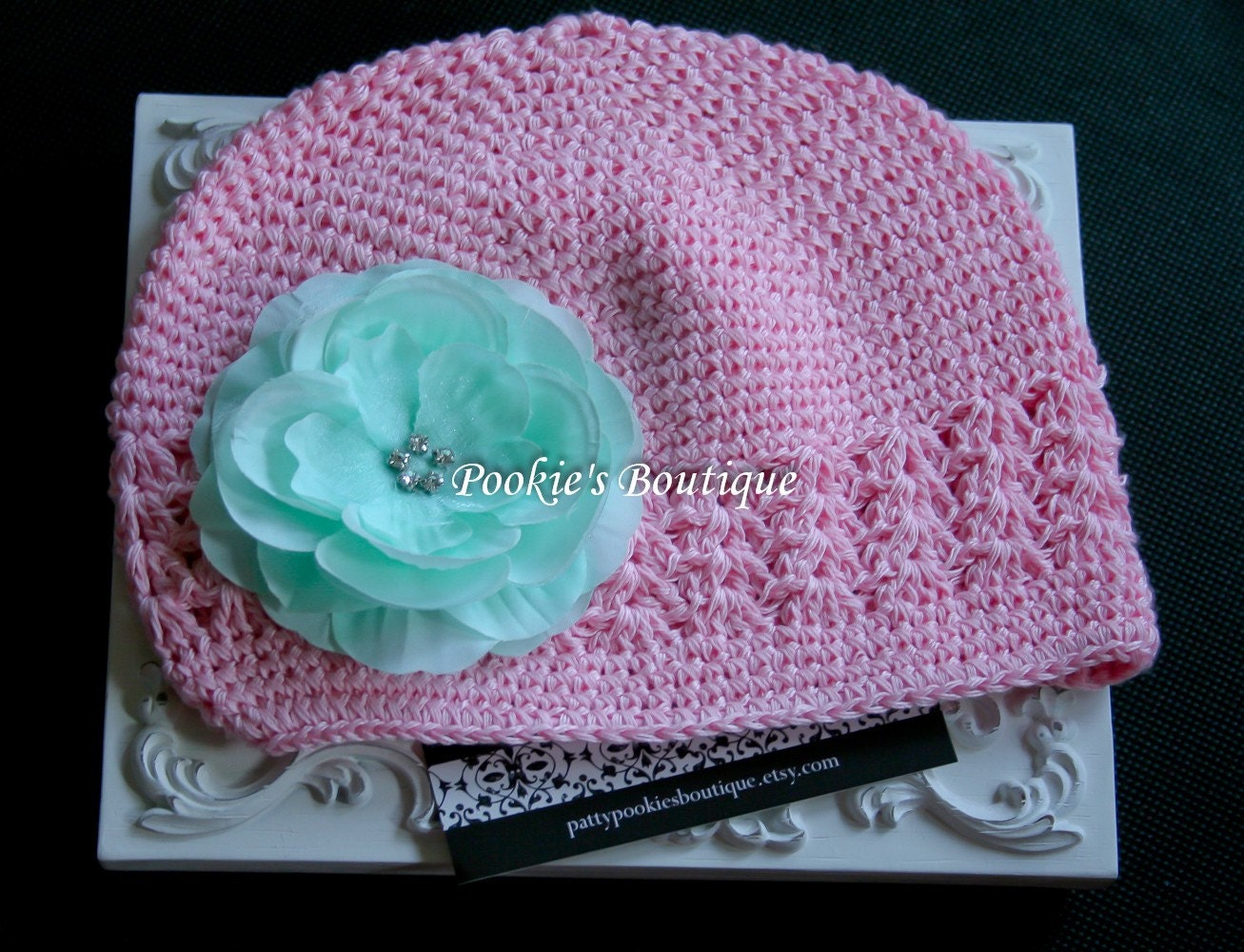 Toddler Pink Crochet Beanie with Olivia Mint Flower Hair Clip