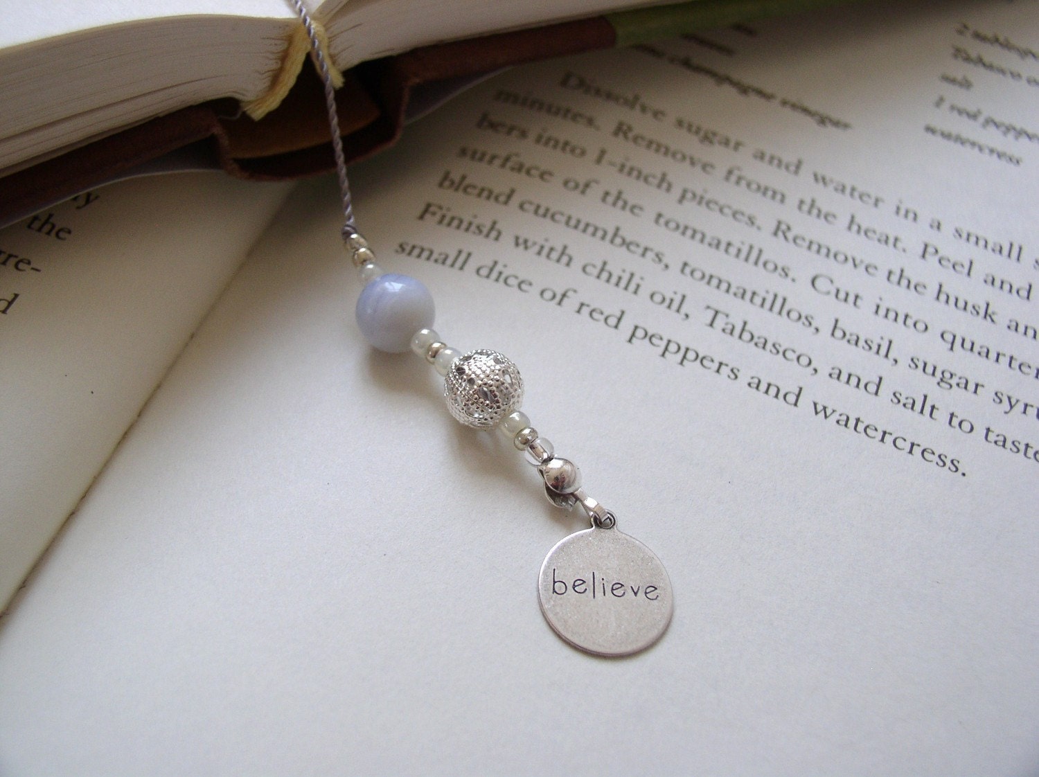 Winter Wonderland Bookmark - Beaded Book Thong in Ice Blue and Silver with Snowflake and Believe Charms