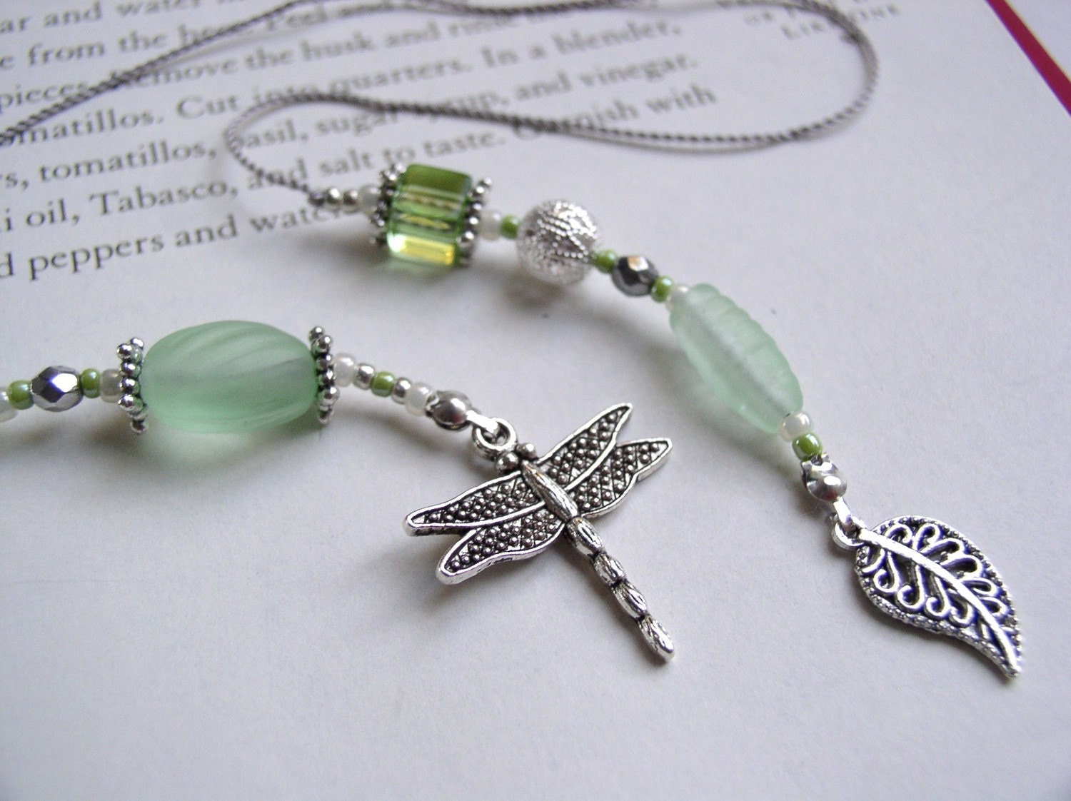 Dainty Dragonfly Boomark in Pale Green Matte Glass - Beaded Book Thong with Silver and Pearl Accents