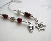 PIRATE Skull Bookmark Jeweled Beaded Book Thong - Silver and Garnet Red with Personalized Charms