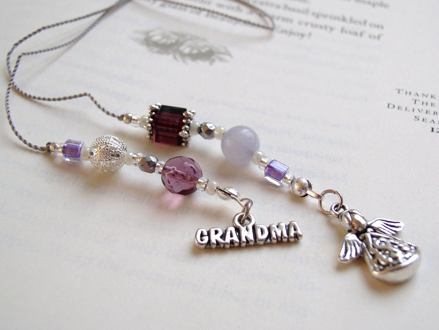 You're an ANGEL, Grandma - Beaded Book Thong Bookmark in Amethyst Purple with silver and pearl and Sterling charm