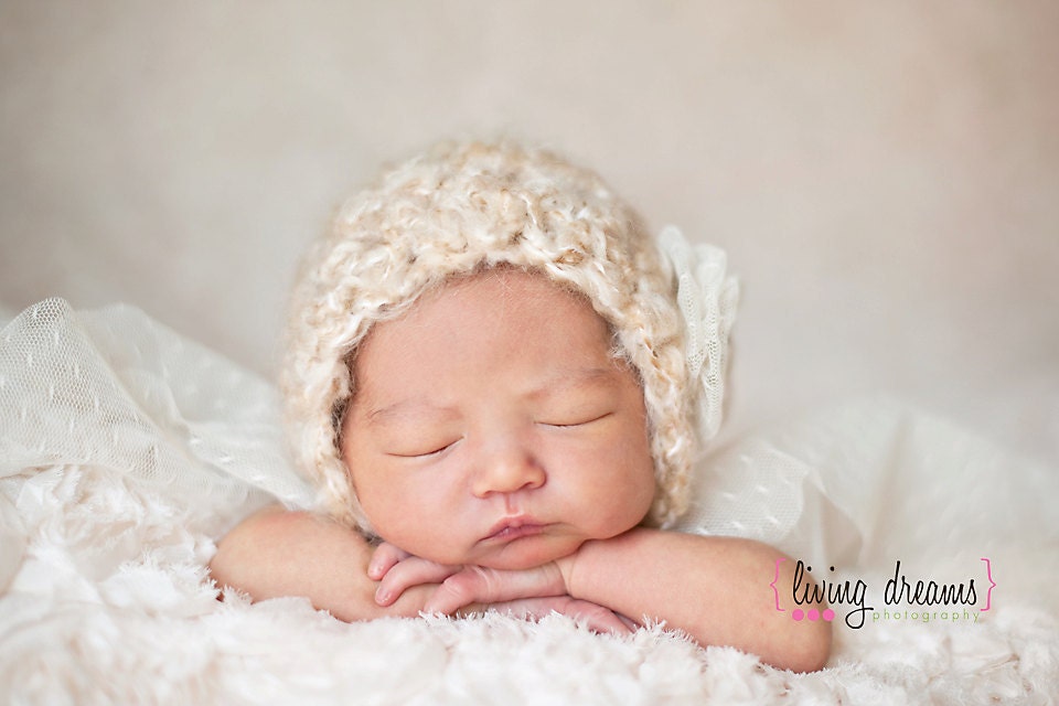 Crochet Newborn Bonnet. Cream. Neutral. Vintage Style. Mohair. Wool. Photo Prop. Knit Hat. Baby Girl.
