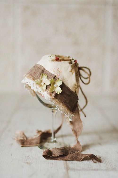 TARA- Brown and Cream. Floral Newborn Fabric Bonnet. Vintage Style. Photo Prop. Baby Girl