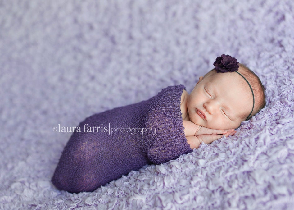 ELLE- MINI Plum. Purple. Fabric Flower Headband. Poof. Baby. Girl. Thin Elastic. Skinny. Photo Prop