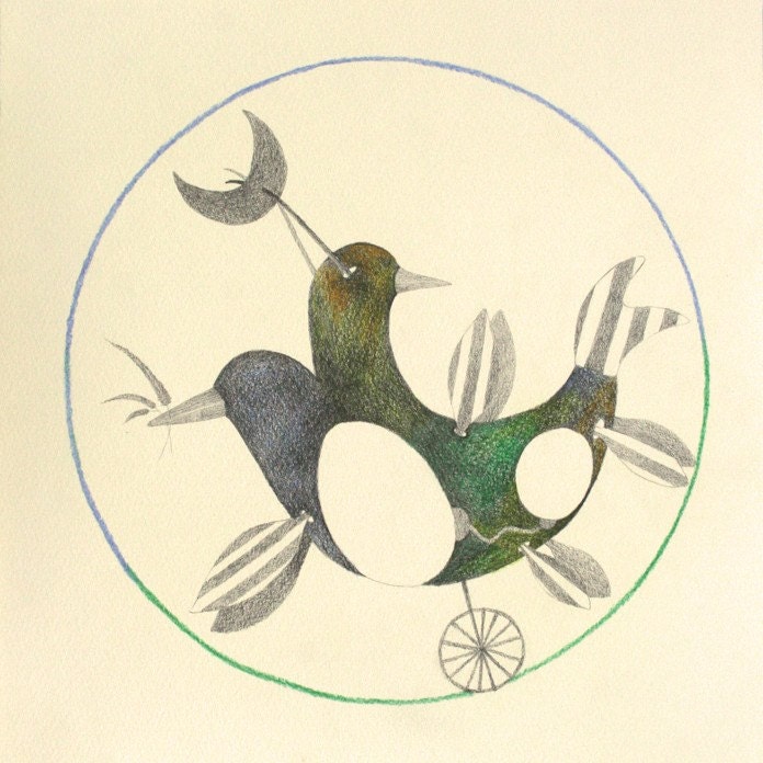 Surreal Pencil Drawing ORIGINAL - SALE  - Traveling Bird