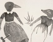 ORIGINAL bird and fox  pencil drawing - SALE - Floating