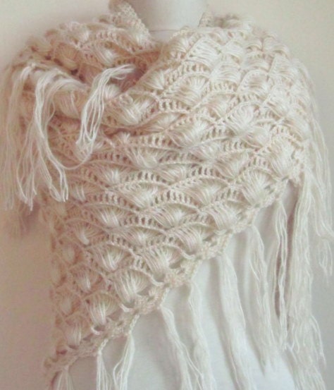 Crochet Hand  Vanilla-Ivory Shawl...wedding bridal shawl.knitting, fashion,shrug,stole, capelet, cream, women, scarflette,