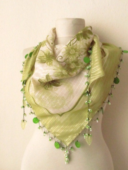 Tringle  Pistachio Green -Pear Yemeni Oya Cotton Scarf .,authentic, romantic, elegant, fashion