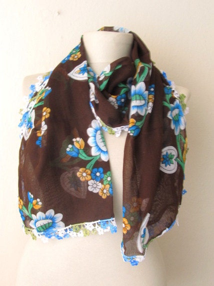 Traditional Turkish Flowers  Fabric Rectangle Guipure  Scarf ..authentic, romantic, elegant, fashion