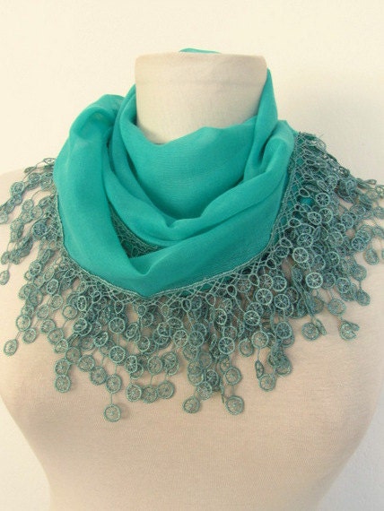DARK MINT Green ,Cotton Fabric Fringed Guipure  Scarf ..bandana,headband,wedding,bridal,fashion