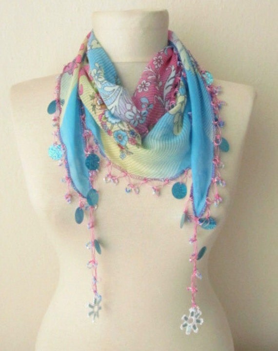 Traditional Turkish YEMENI  BLUE-AQUA Oya Scarf ..wedding,bridal,scarf,authentic, romantic, elegant, fashion,april,spring