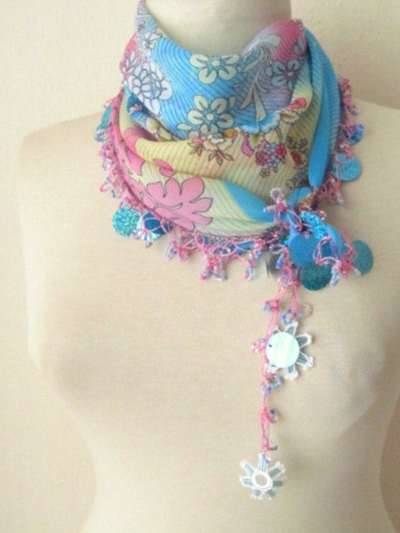Traditional Turkish YEMENI  BLUE-AQUA Oya Scarf ..wedding,bridal,scarf,authentic, romantic, elegant, fashion,april,spring