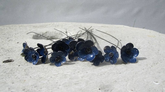 Rustic Blue Metal Blossoms Speckled White Flower Bouquet