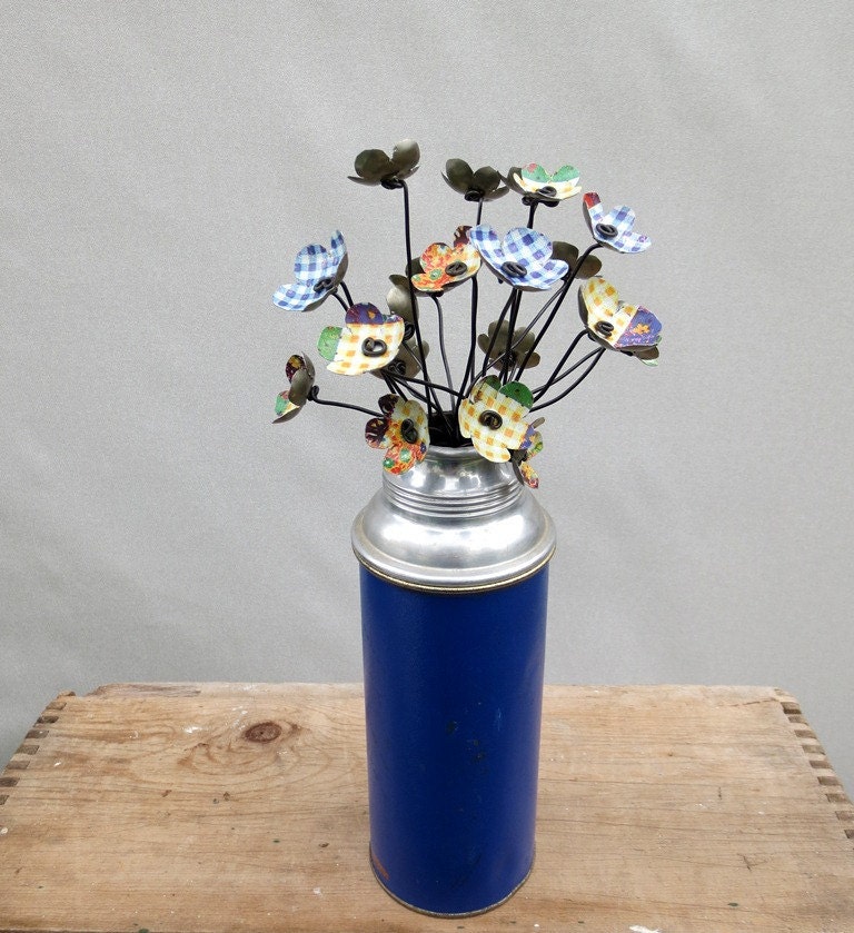 Simple Prairie  Bouquet of Metal Flowers Blue Green and Yellow Gingham In Vintage Thermos