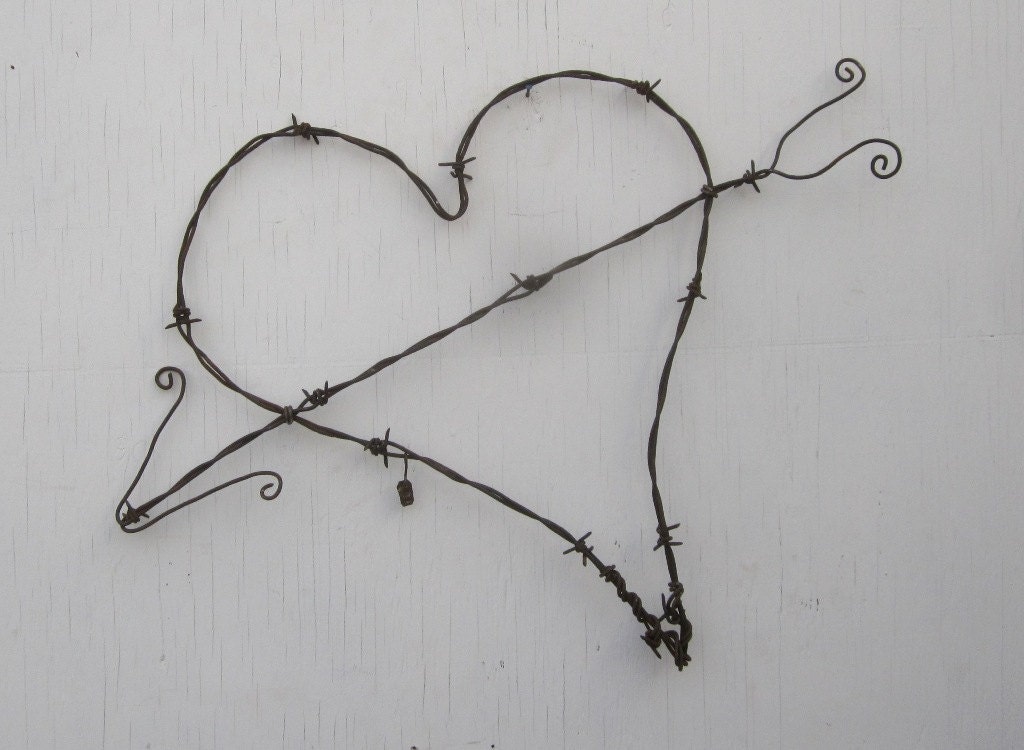 Gnarly Barbs Large Rustic Barbed Wire Heart With Arrow Made to Order