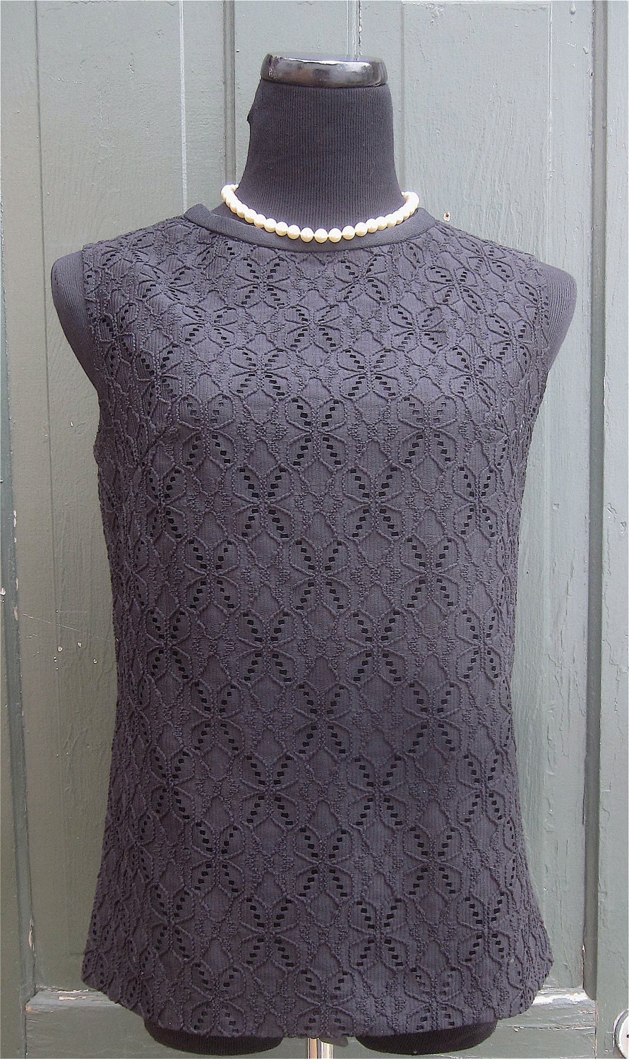 Vintage 1960s Black Lace Peek-A-Boo Sleeveless Blouse Tank Top For Mad Men Gals