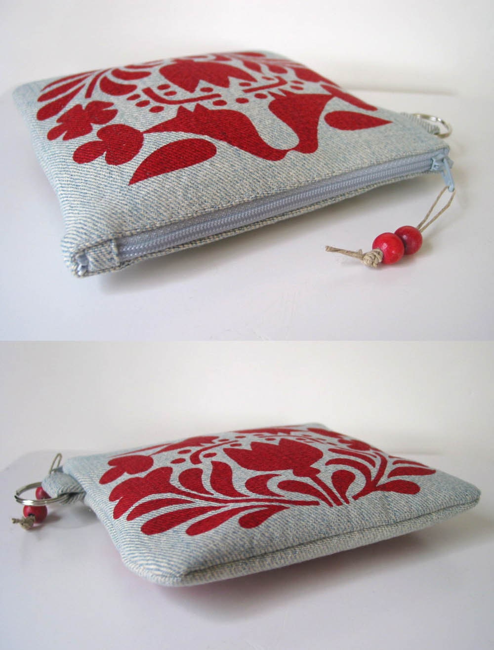 Red Scandinavian Print Recycled Denim Changepurse with Key Ring