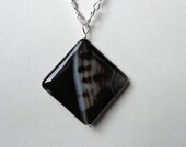 Black Agate Diamond Pendant Necklace in Silver