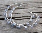 Wire Wrapped Hoop Earrings Light Sapphire Czech Glass in Sterling Filled