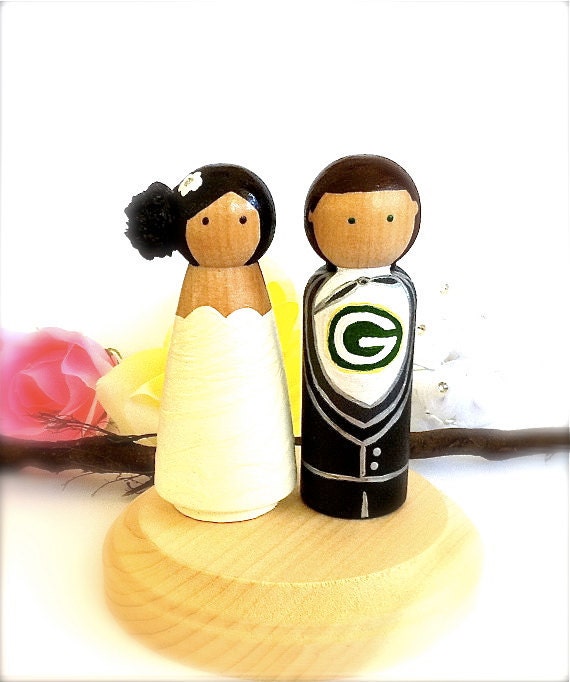 Sport Themed Wedding Cake Toppers Bride Groom Green Bay Packers Basketball Soccer Mets Yankees Wood Peg Dolls Nfl Mlb Nba Nhl Fifa