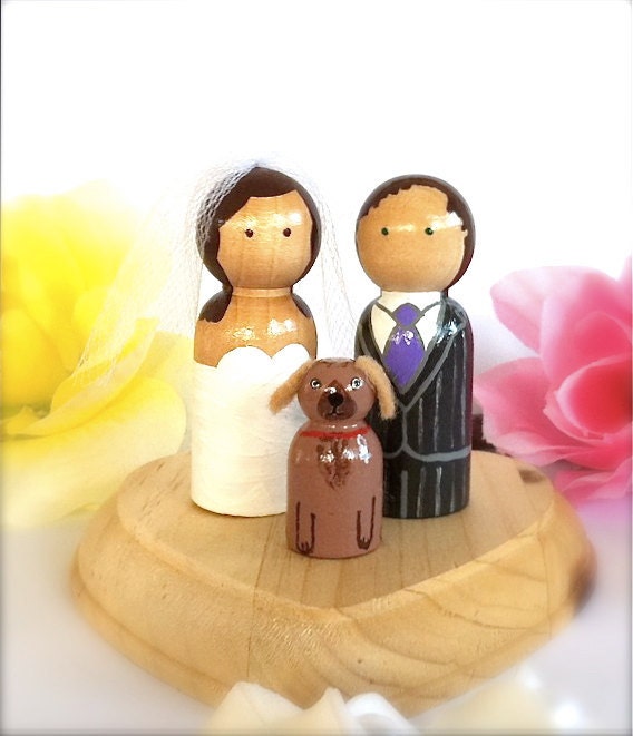 Custom Wedding Cake Toppers with 1 Pet Personalized Wood Peg Dolls Peg People Hand Painted Keepsake Art Bridal Shower Gift Cupcake