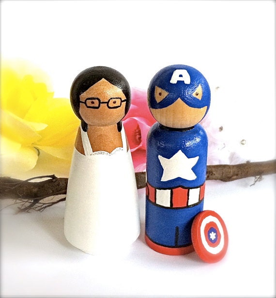 WEDDING CAKE TOPPER Custom Superhero and Bride Cake Topper Wood Peg Doll Super Hero Wedding Cake Toppers Collectable Comic Book Character