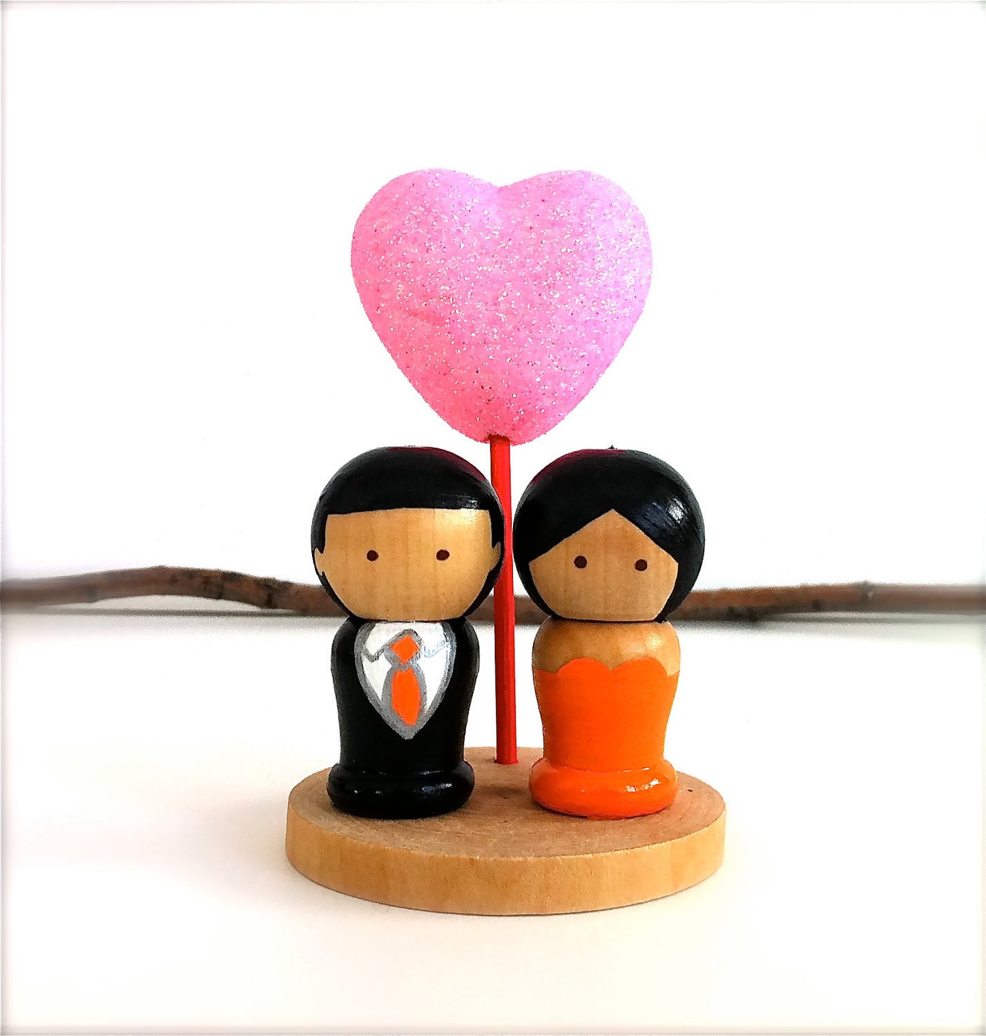 Wedding Cake Topper Kokeshi Bride and Groom with Love Heart Wooden Stand and Pink Glitter Heart Semi Custom Wooden Peg Doll Cute Decor