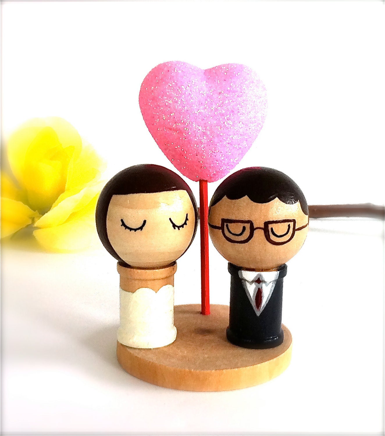 Wedding Cake Topper Custom Kokeshi Bride and Groom with Love Heart Wooden Stand and Pink Glitter Heart Wooden Peg Doll Cute Decor