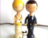 Wedding Cake Toppers Clothespin Dolls Bride Groom with 1 Pet Cat Dog Family of 3 Personalized Kokeshi 3D Accents Anniversary Keepsake Cute