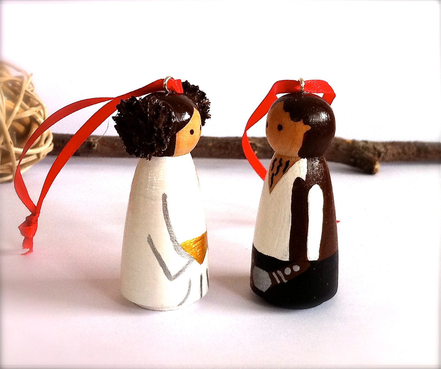 Star Wars Ornaments Princess leia and Hans Solo Mini Christmas Tree Ornaments Geekery Cute Hand Painted Wooden Wood Peg Dolls Peggies Sci Fi