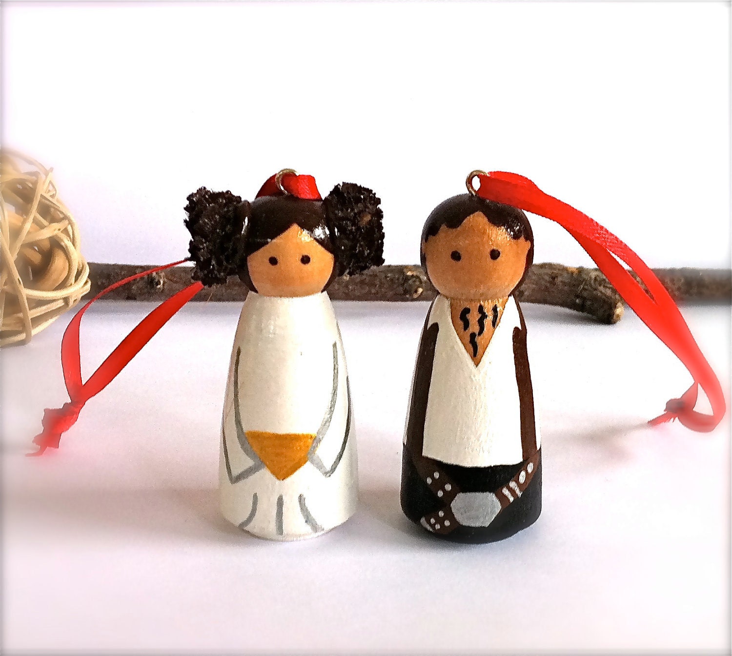 Star Wars Ornaments Princess leia and Hans Solo Mini Christmas Tree Ornaments Geekery Cute Hand Painted Wooden Wood Peg Dolls Peggies Sci Fi