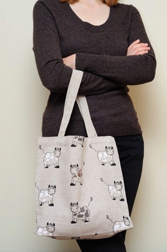Linen Market Bag - Happy Cow - Size: 13"h x 13"w
