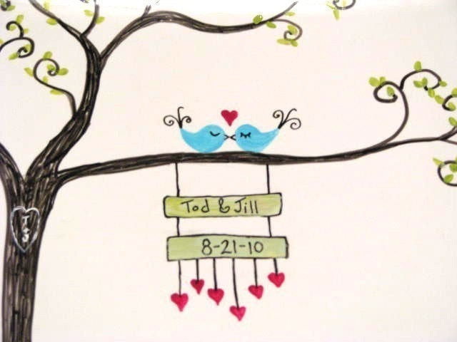 Hand Painted Platter- Love Birds on Whimsical Tree