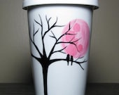 Painted Travel Coffee Mug- Birds Enjoying Pink Moon, Eco-Friendly